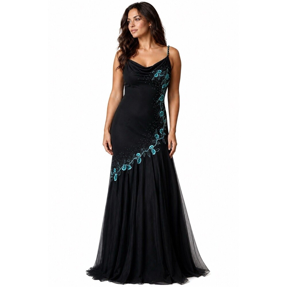 Xscape Cowl Neck Maxi Dress Size 10 Black Silk Beaded Fairycore Floral Y2K Prom